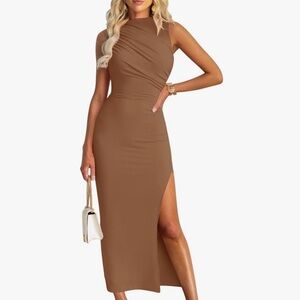 Brown High Neck Midi Dress